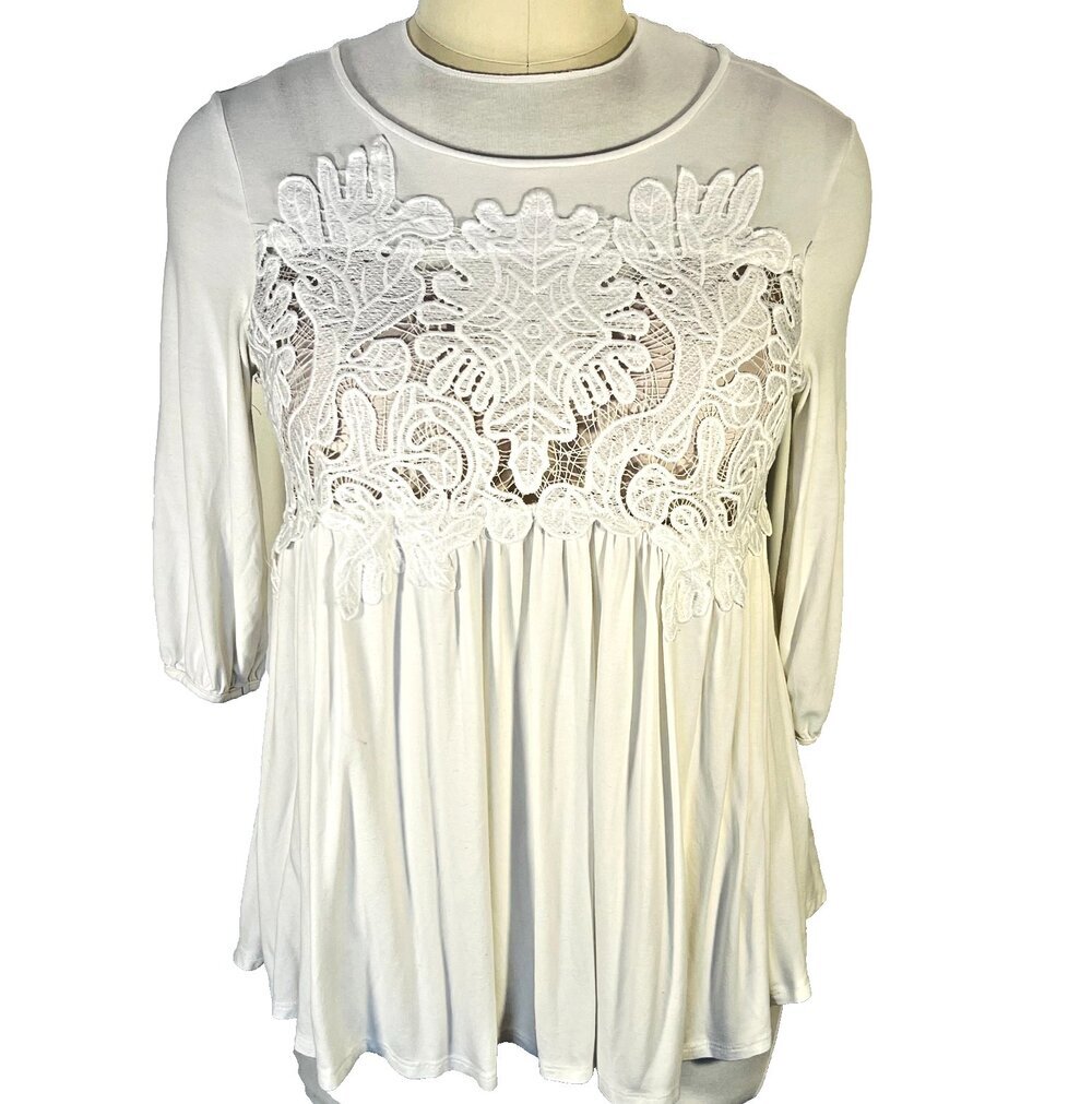 Cha Cha Vente Knit Top Blouse Womens XL White Crochet Accent 3/4 Balloon Sleeve